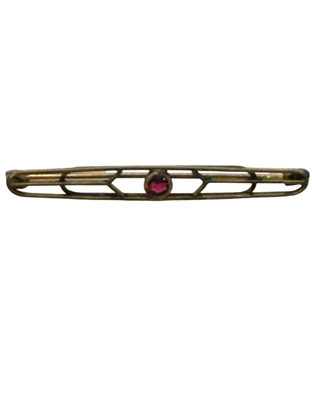Art Deco Lines Gold Washed Bar Brooch Pin Ruby Crystal Prong Set Old Vintage 2"